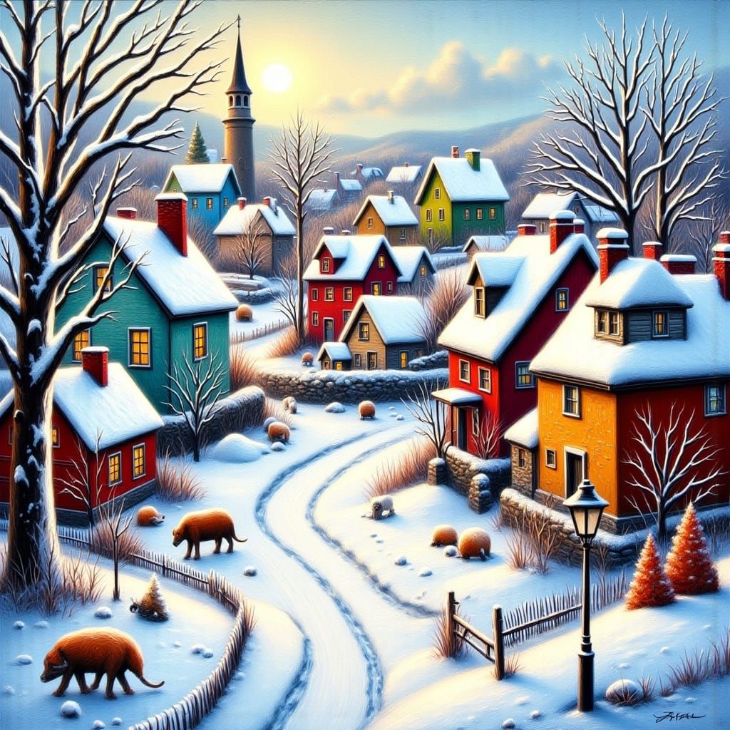 Whimsical Folk Art Winter Village Painting