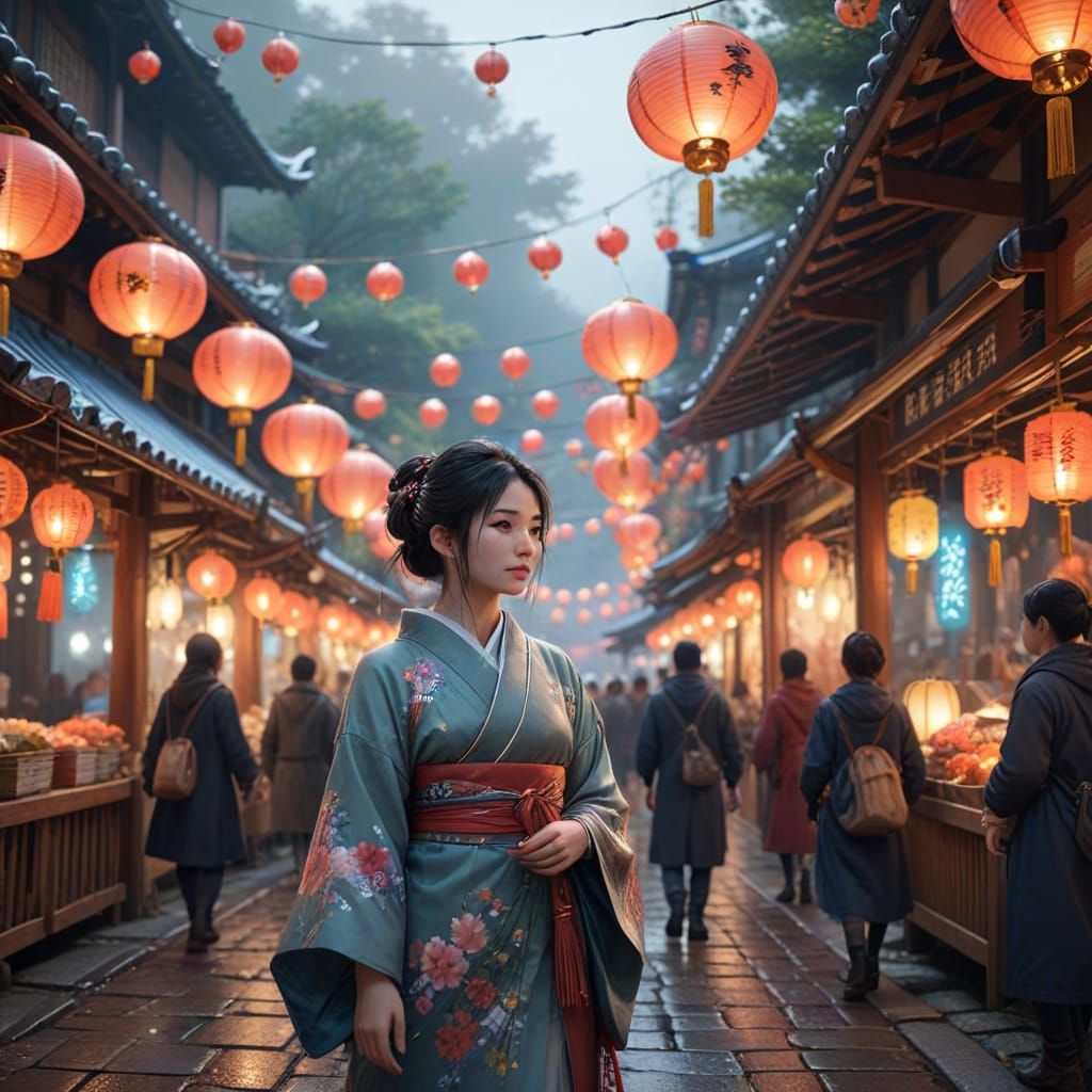 Ethereal Japanese Night Festival in Vibrant Colors