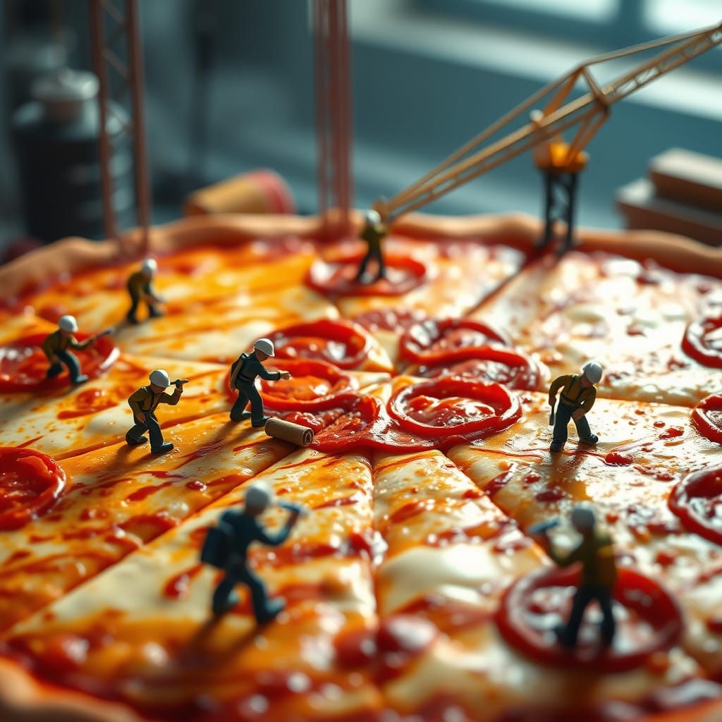 Miniature Construction Workers Craft a Towering Pizza in Hyp...