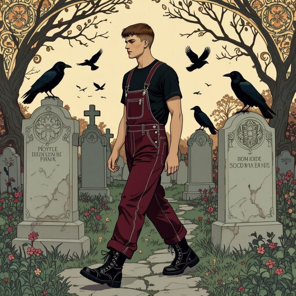 Man in Burgundy Overalls in Gothic Cemetery