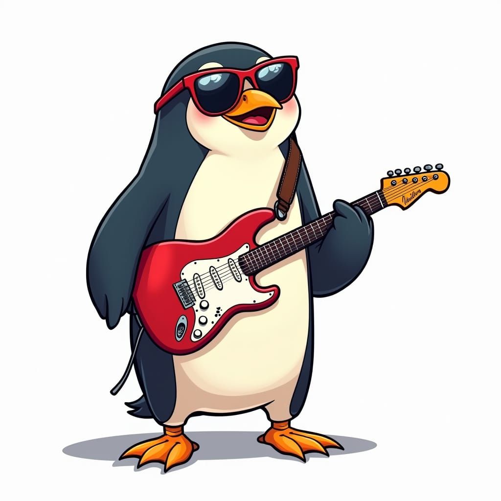 Rockstar Penguin Cartoon in 80s Style