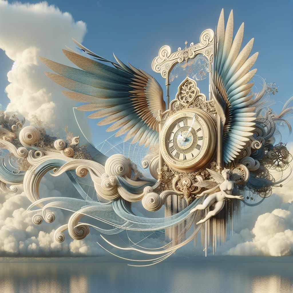 Winged Clock Soaring in Edo-Inspired Skies