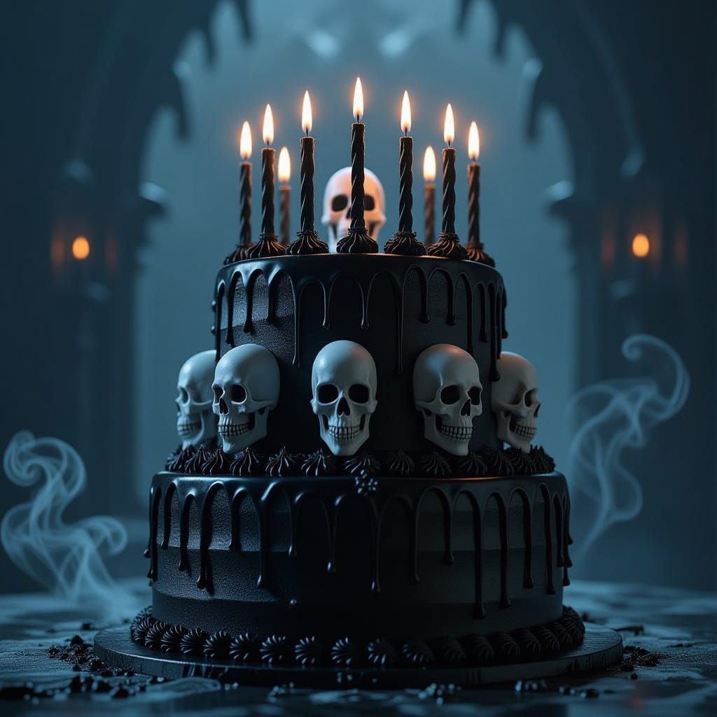 Gothic Birthday Cake with Ghostly Faces and Dripping Icing