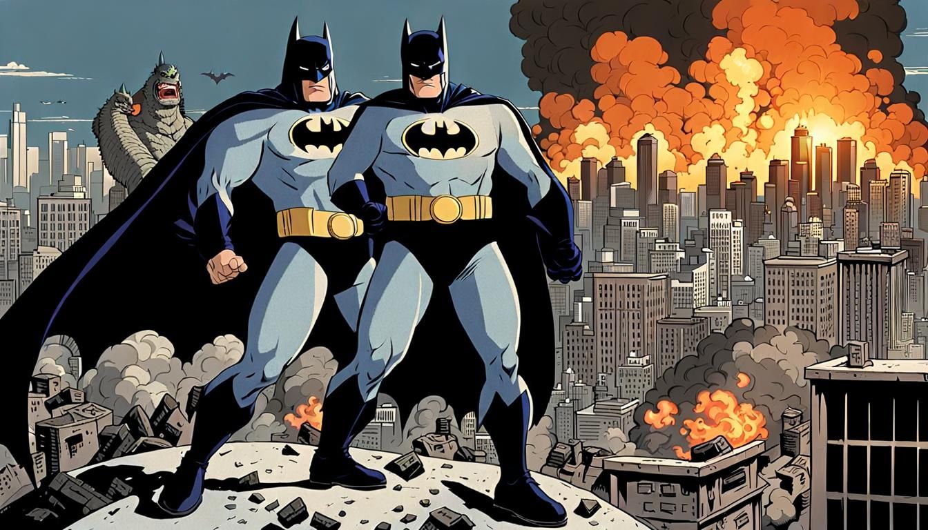 Comical Fat Batman Knocks Out Godzilla in Ruined City