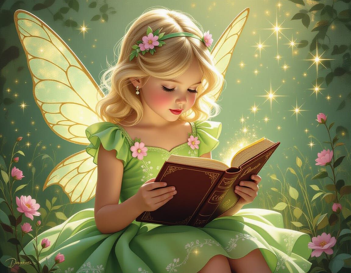 Girl Reading Fairytale Book in Digital Art Style