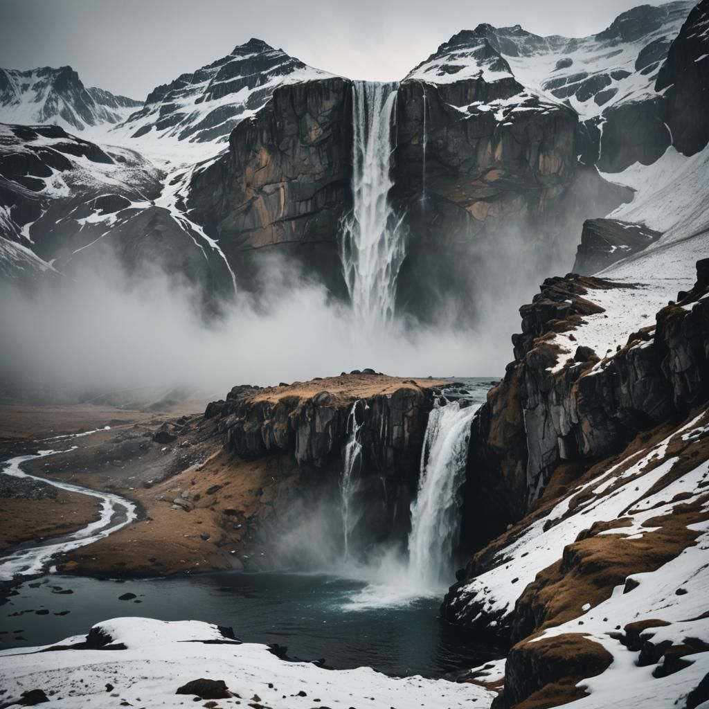 Moody Waterfall in Barren Landscape: Film Noir Photography