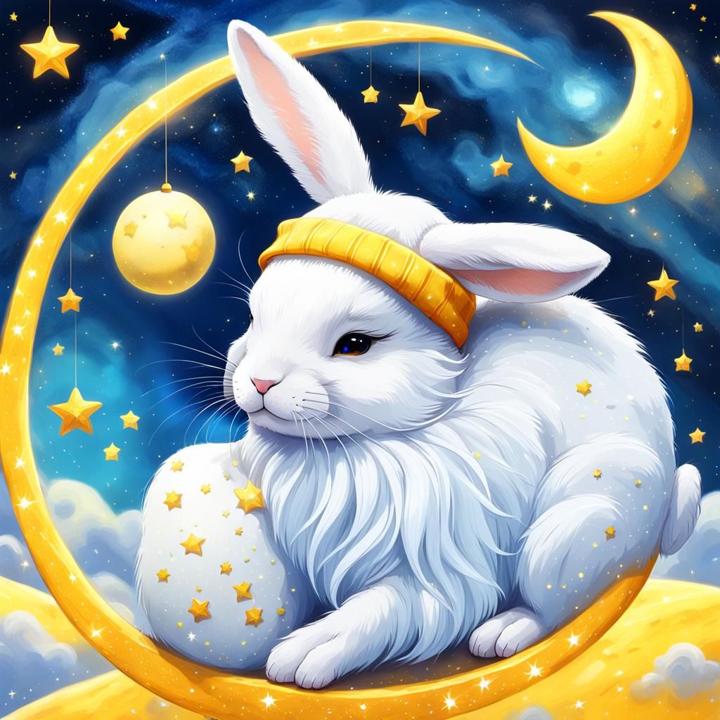 Sleeping Bunny on Bioluminescent Moon in Space