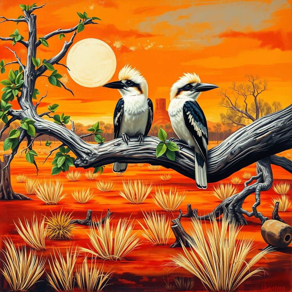 Kookaburras Perched on Eucalyptus Branch in Australian Outba...