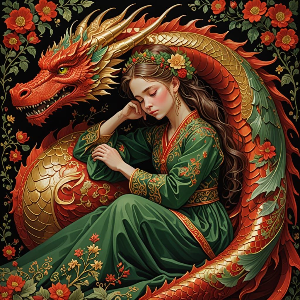 Tsar's Daughter and Majestic Dragon in Traditional Russian S...