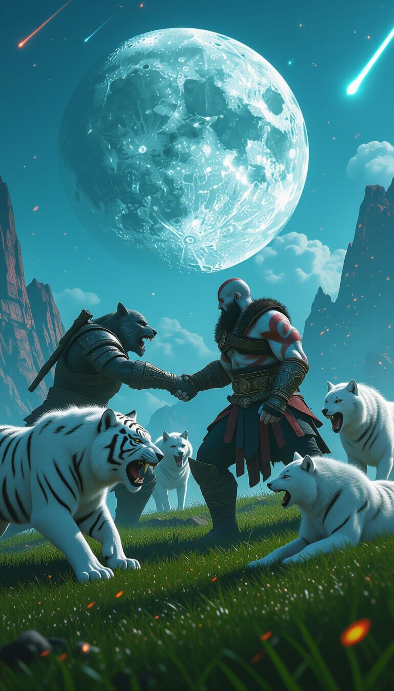 Kratos Battles Tiger and Wolves in Cyberpunk Landscape