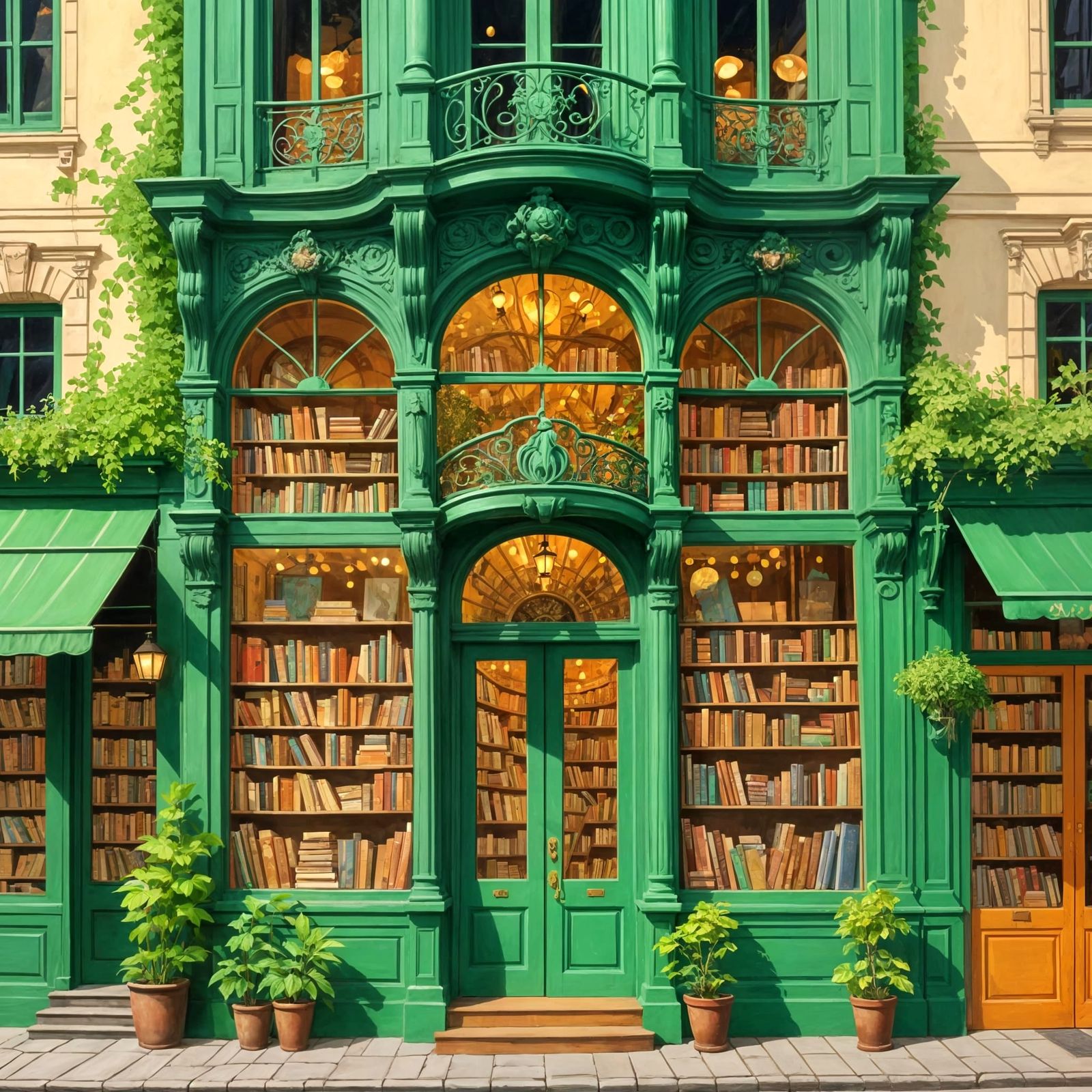 Cozy Belle Epoque Bookshop Facade in Klimt Style
