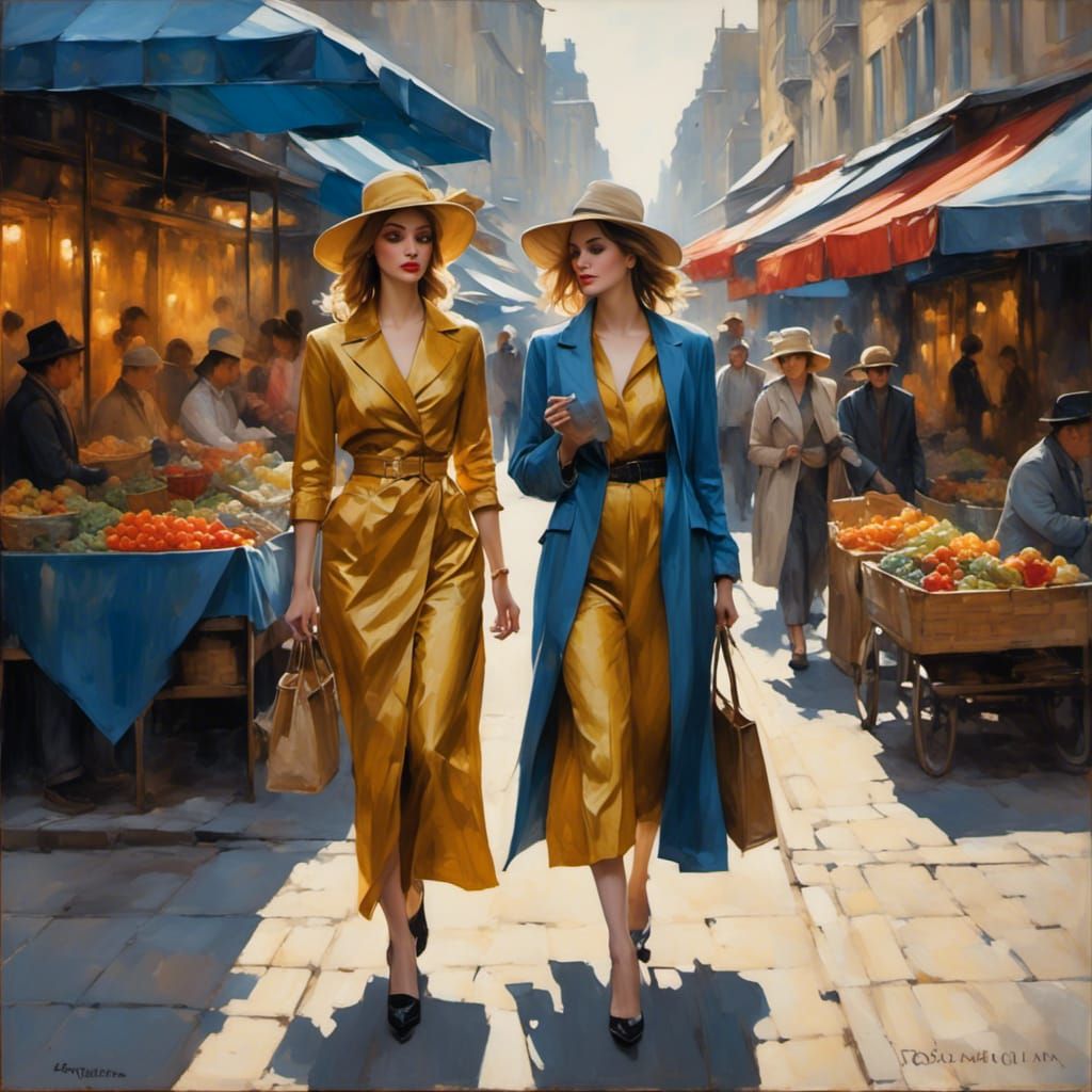 Vivid Market Street Scene with Two Young Women