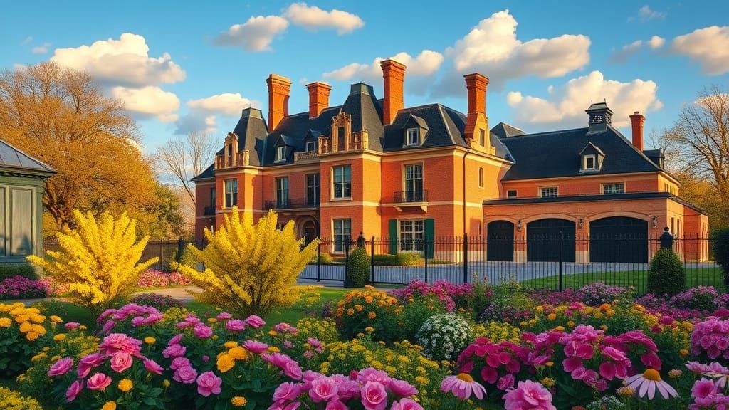 Elegant Chateau in Golden Hour Light with Vibrant Garden