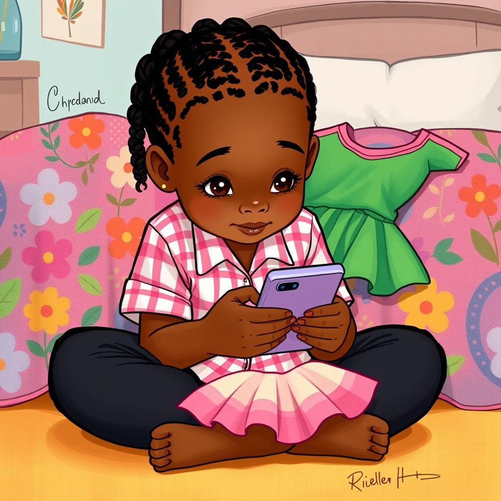 Young Girl Gazing Intently at Phone, Expressive Illustration