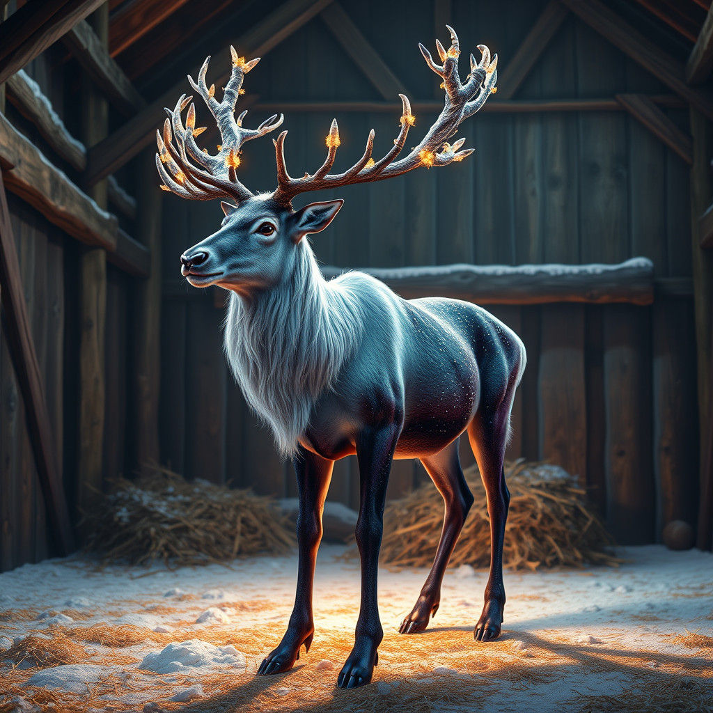 Iridescent Reindeer in Rustic Barn, Digital Art