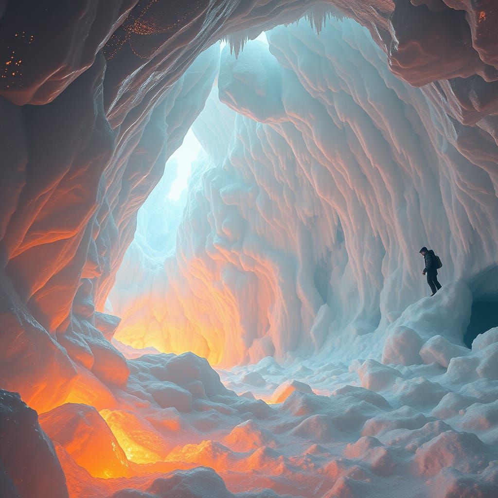 Ethereal Ice Cave Scene in Vibrant Art Nouveau Style