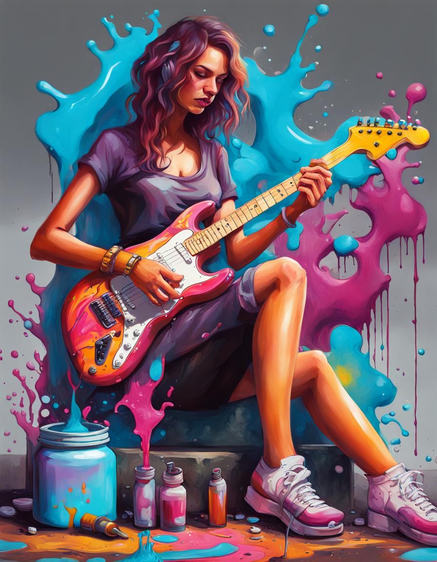 Woman with Potion and Guitar in Graffiti Art