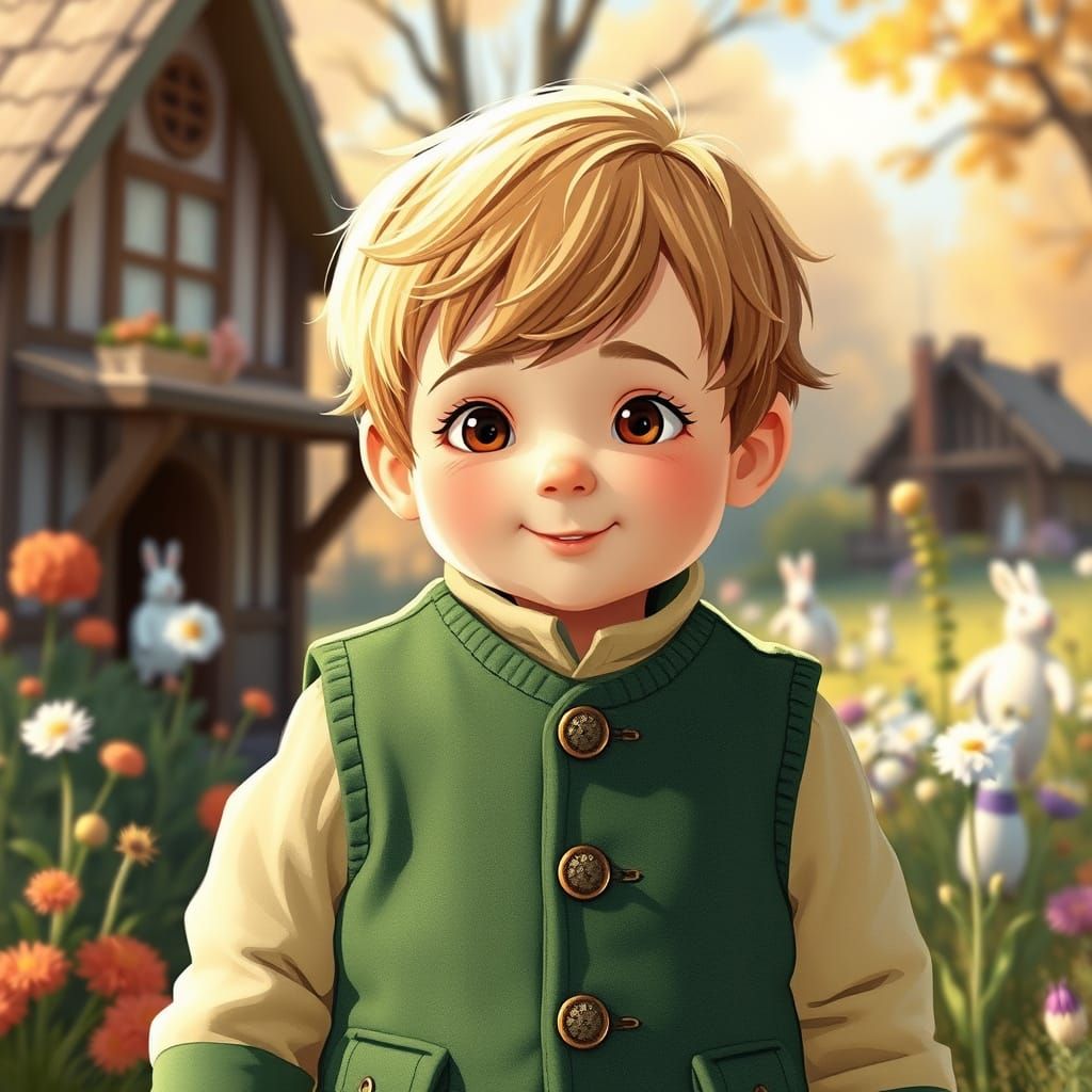 Child in Green Vest, Beatrix Potter Style