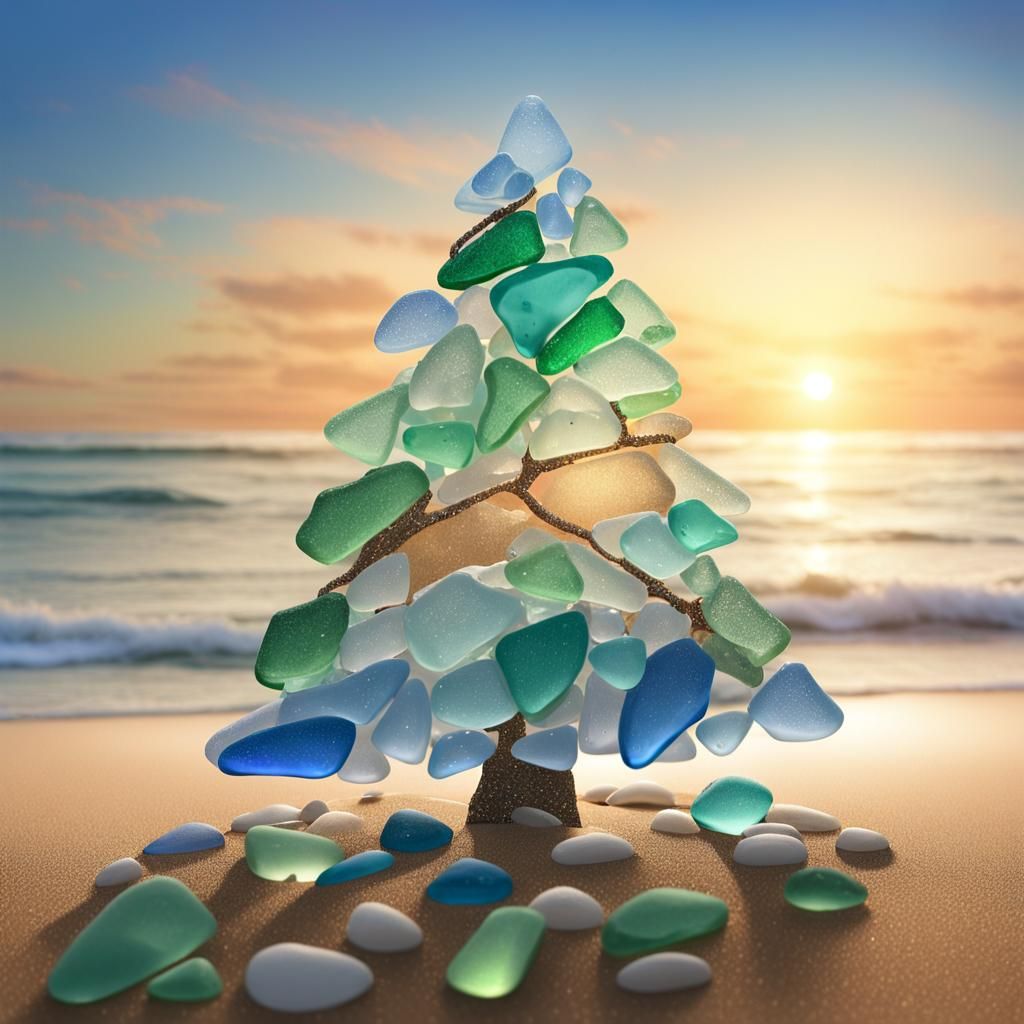 Surreal Sea Glass Christmas Tree Amidst Vibrant Beach Scene....