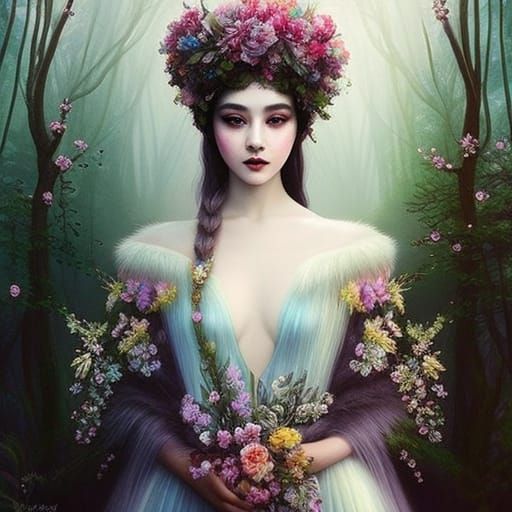 Dreamy Flower Crowned Woman in Enchanted Forest