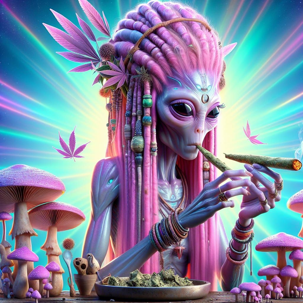 Pink Alien Woman Smoking in a Mushroom Forest