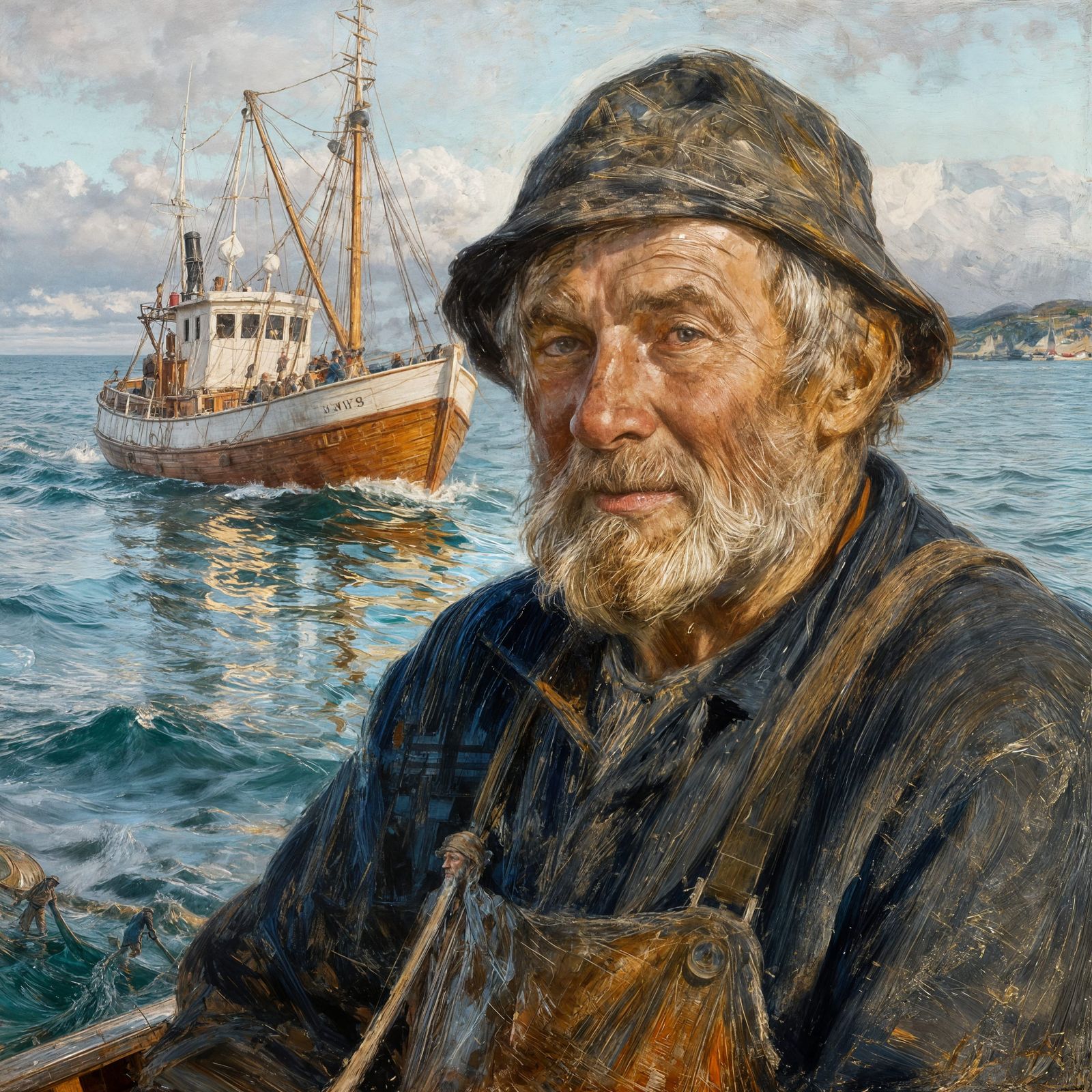 Norwegian Fisherman and Boat Oil Painting
