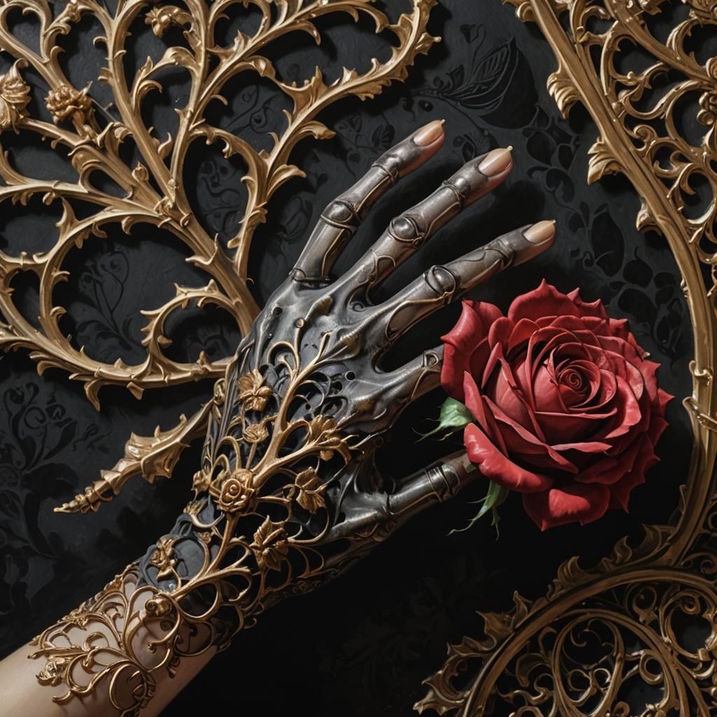 Gothic Rose Held by Skeletal Hand in Dark Romanticism