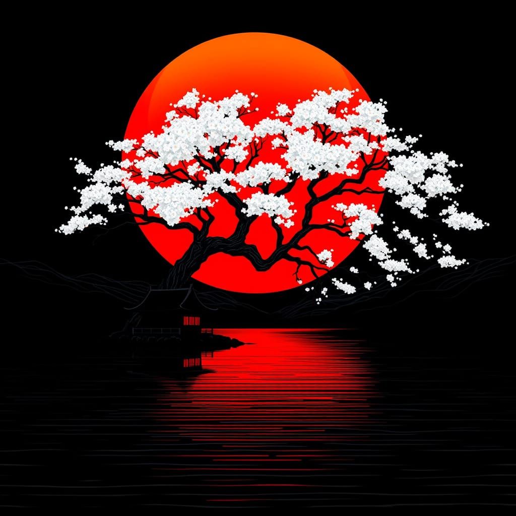 Japanese Tree and Sunset in Digital Painting