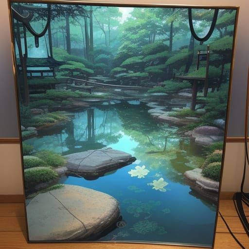Delicate Glass Art in Serene Japanese Garden Scene