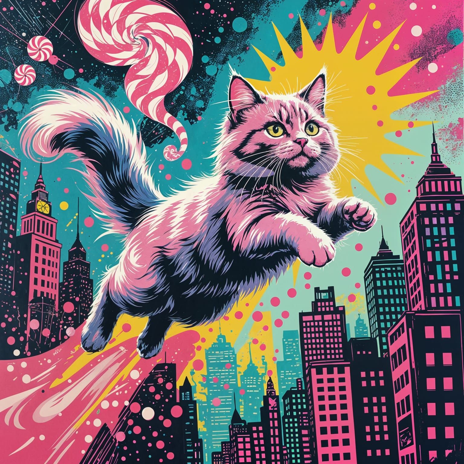Screen print style. A whimsical cat made of swirling pink ca...