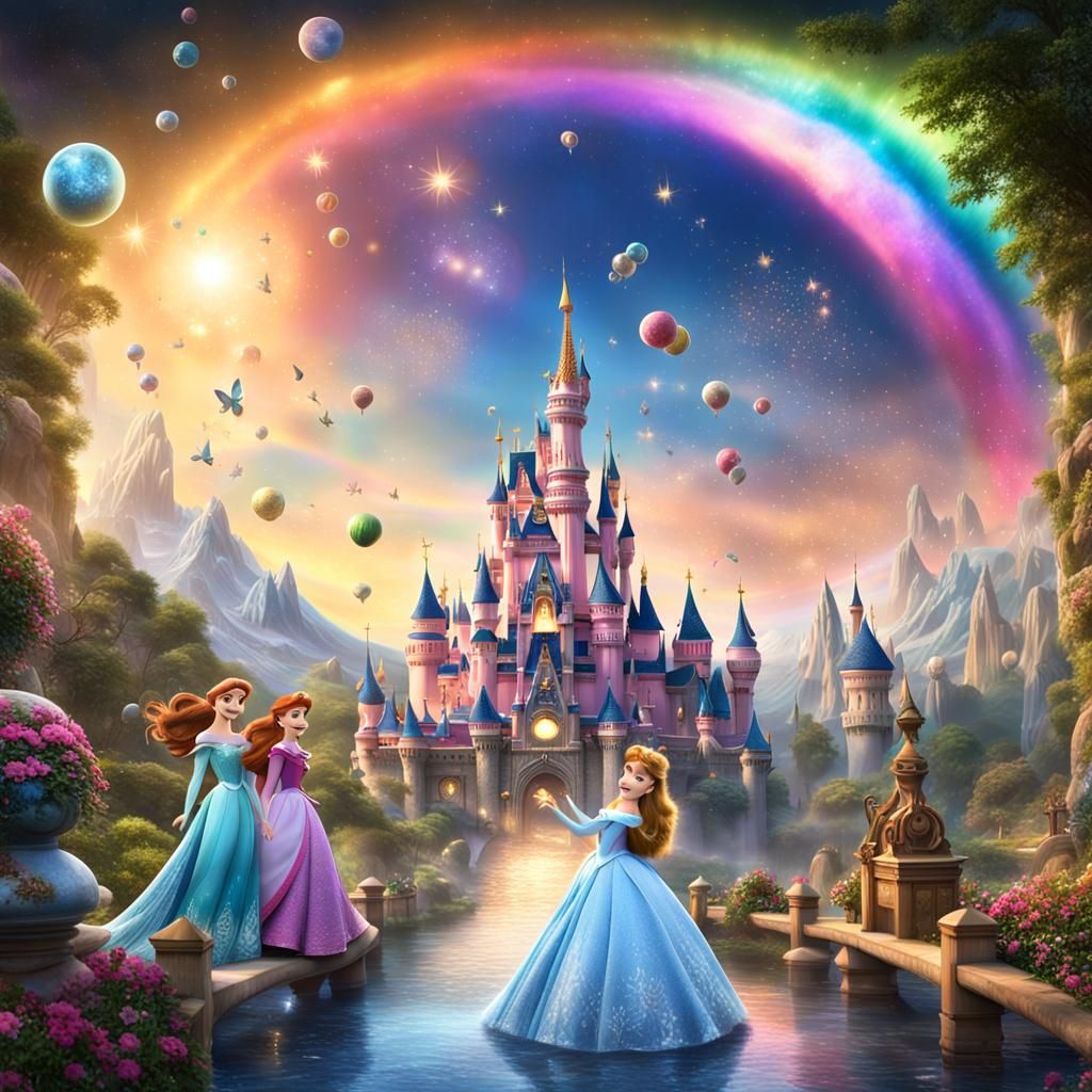 Disney Characters Slide Down a Rainbow: Fantasy Art