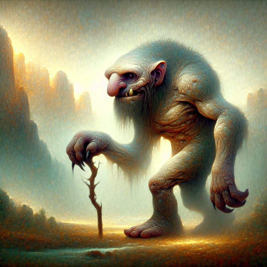 Detailed Troll in Misty Landscape: 19th Century Oil Painting