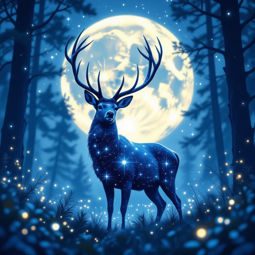 Starlight Deer in Moonlit Forest, Digital Painting