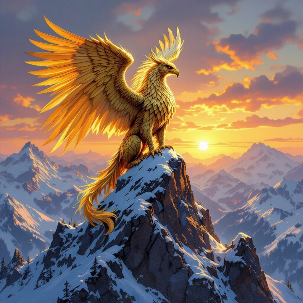Golden Griffin Perched on Snow-Capped Peak at Sunset
