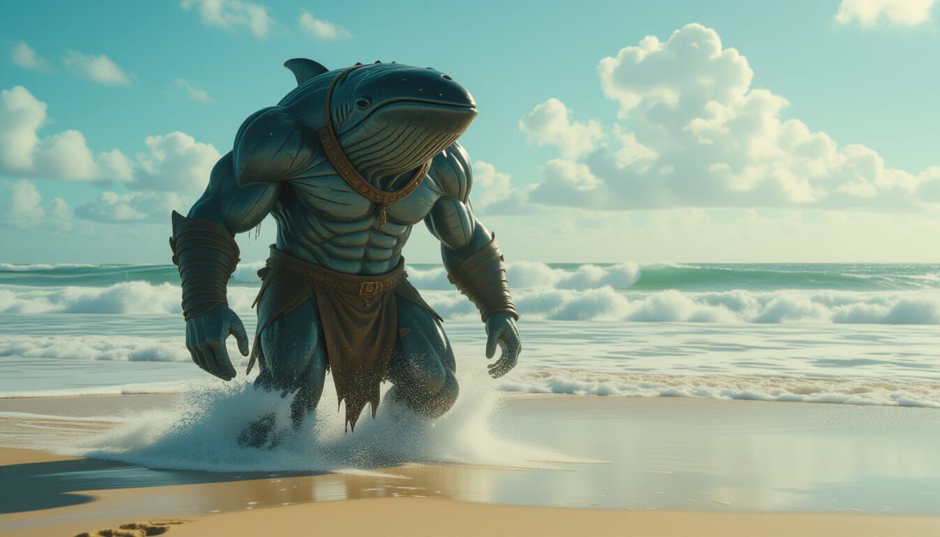 Whale-Human Hybrid Emerges from Ocean, Cinematic Film Still