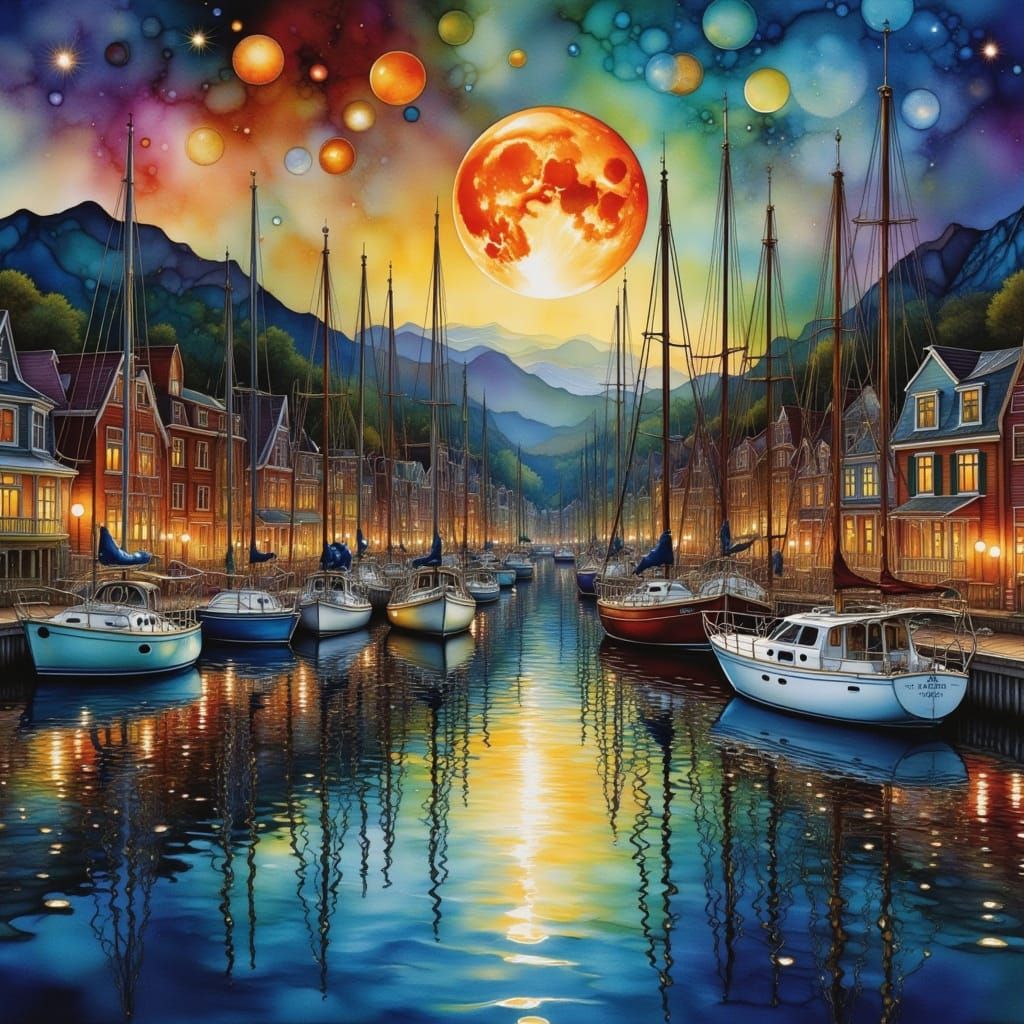 Rare Blood Moon Over Detailed Harbor in Watercolor Style