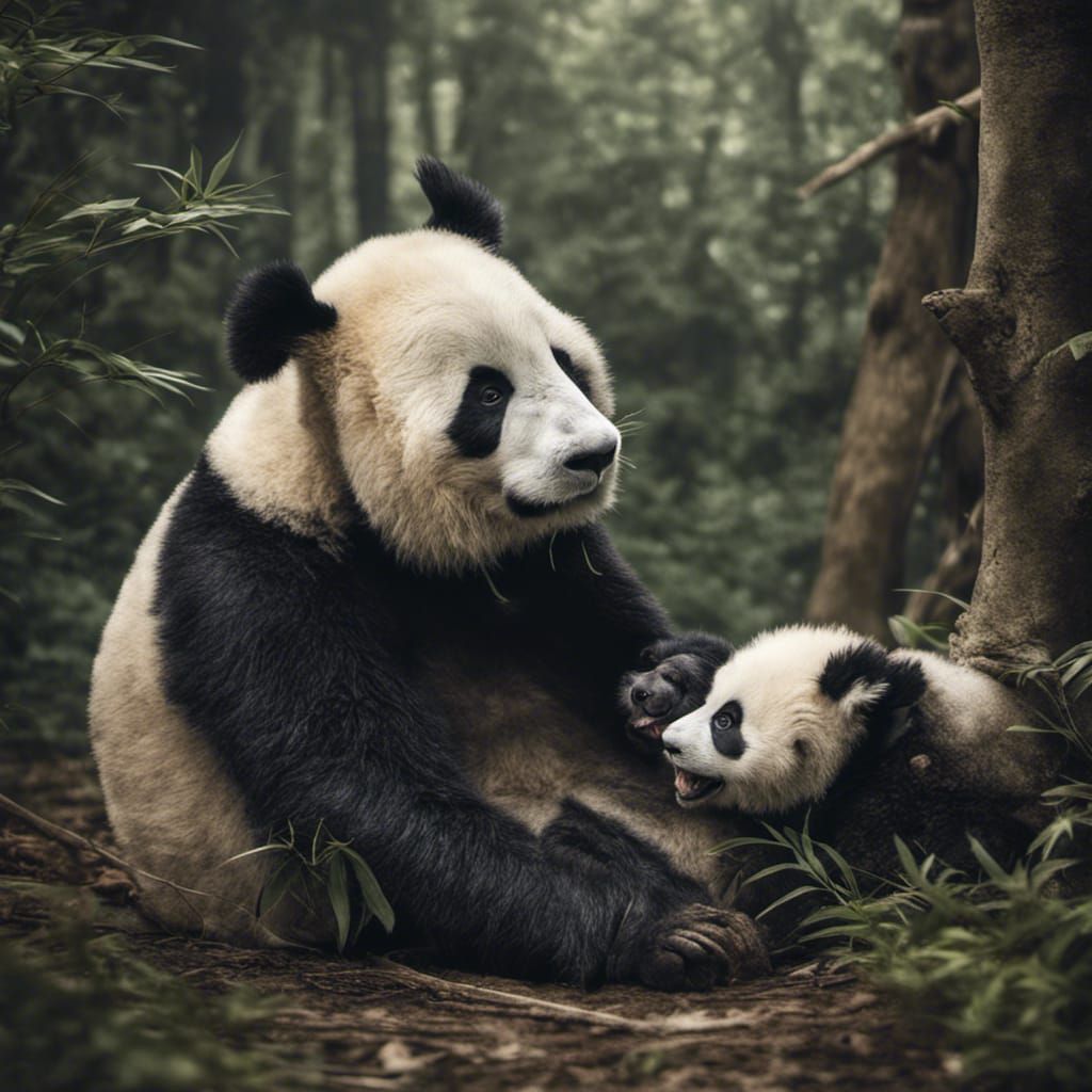 Hyperrealistic Panda Mother and Baby in Forest