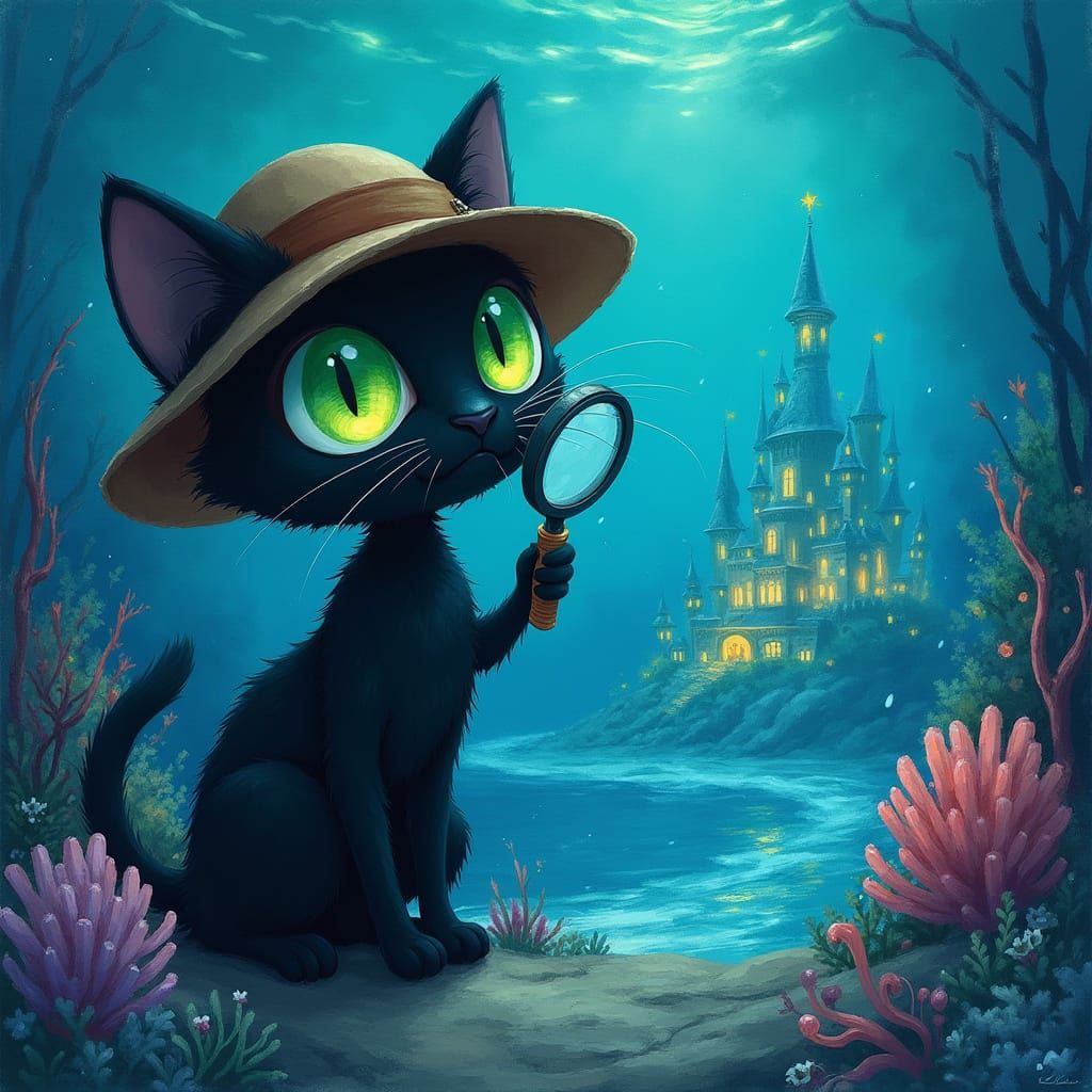 Anime Cat Discovers Underwater City in Watercolor Style