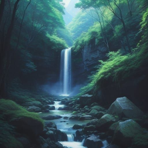 Waterfall in Mountain Forest: Studio Ghibli Style