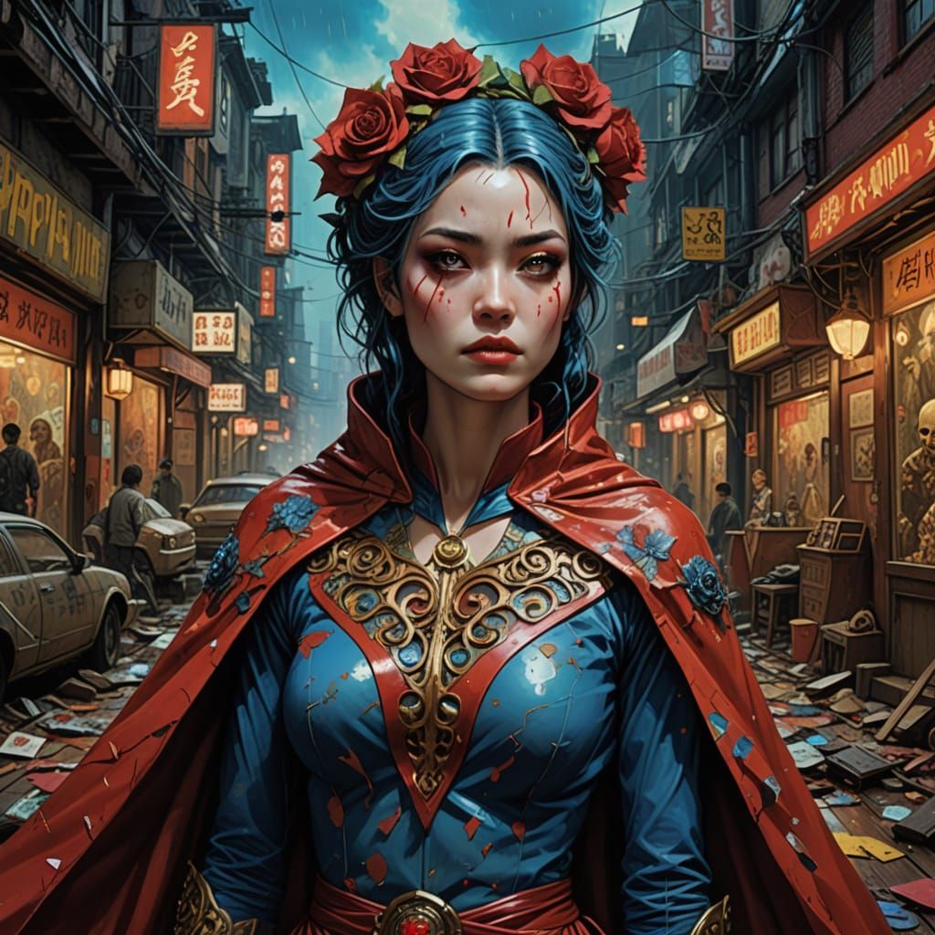 Vibrant Superheroine Amidst Chaos