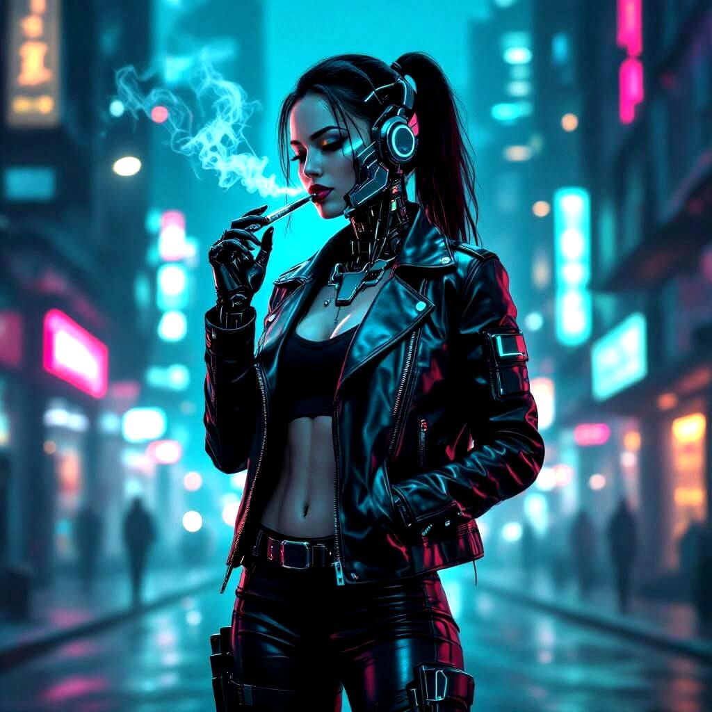 Neon Cyborg Vaping in Futuristic Cityscape
