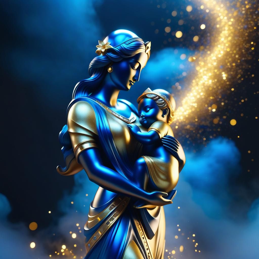 Blue and Gold Mother and Child Metal Statue