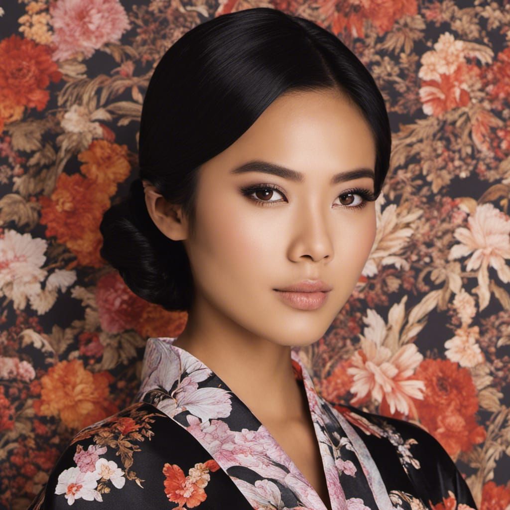 Indonesian Woman in Kimono with Cherry Blossoms