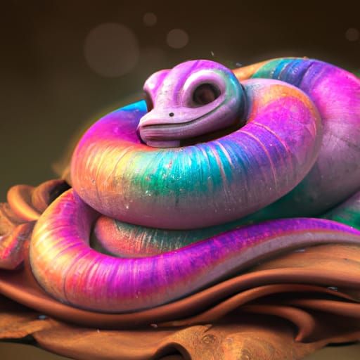 Iridescent Baby Snake on Cushion: Fantasy Digital Art