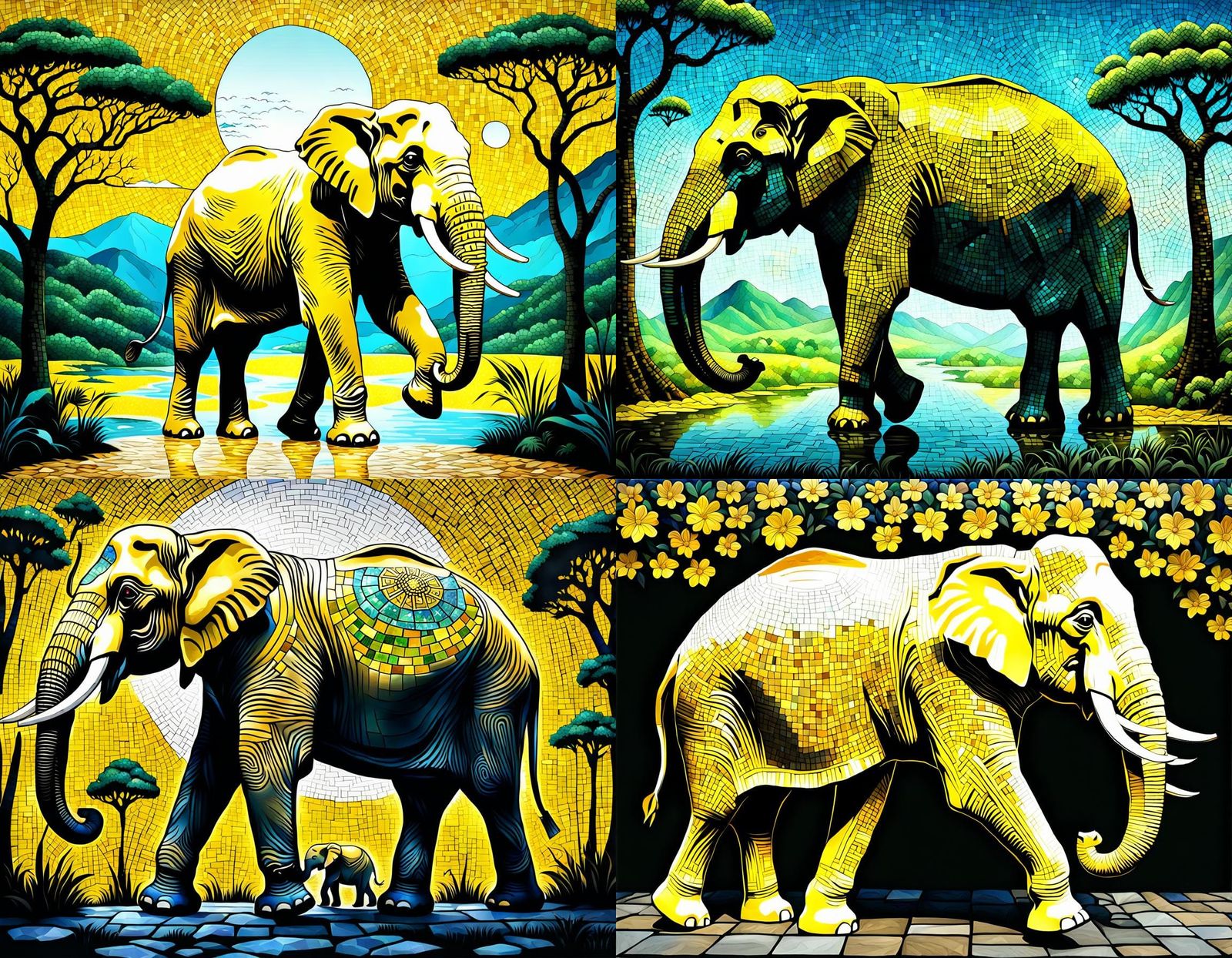 Yellow Elephant Mosaic with Yellow Scenery