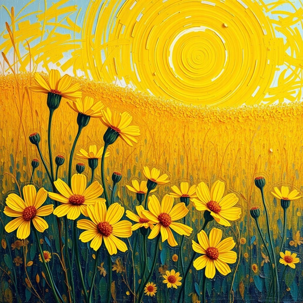 Impasto Wildflowers in Vibrant Yellow, Set Against a Golden ...