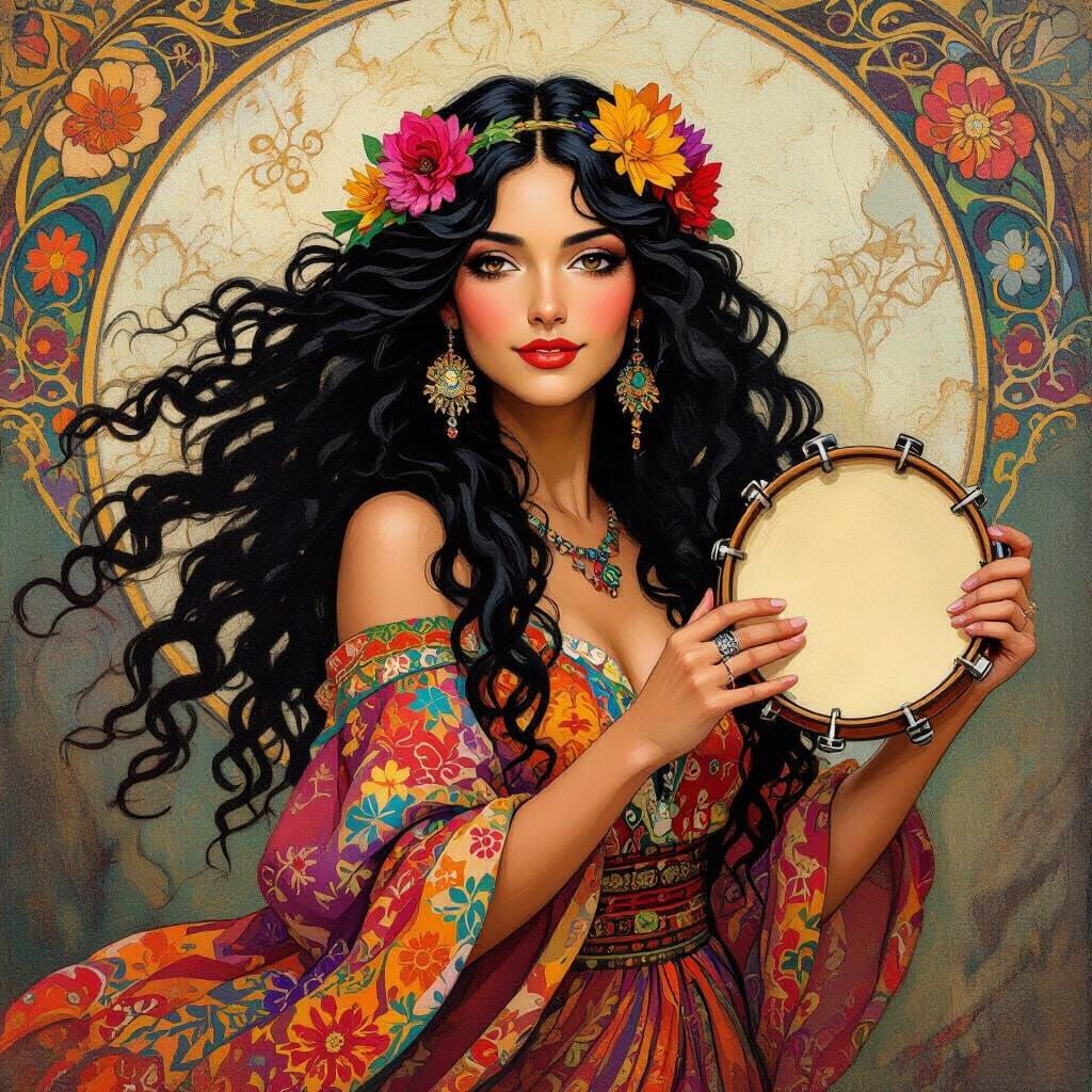 Bohemian Gypsy Woman Dancing in Neo-Impressionism Style