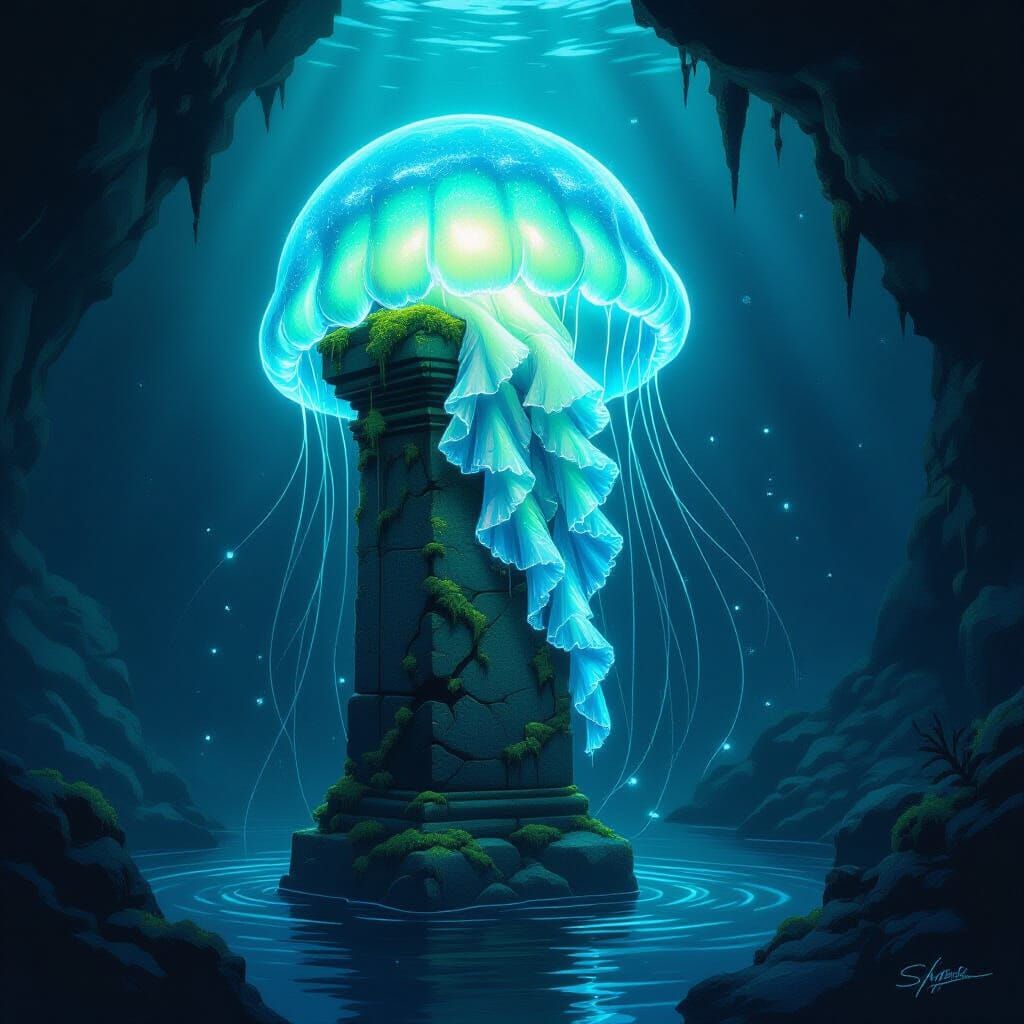 Bioluminescent Jellyfish Tentacle on Stone Pillar in Cave