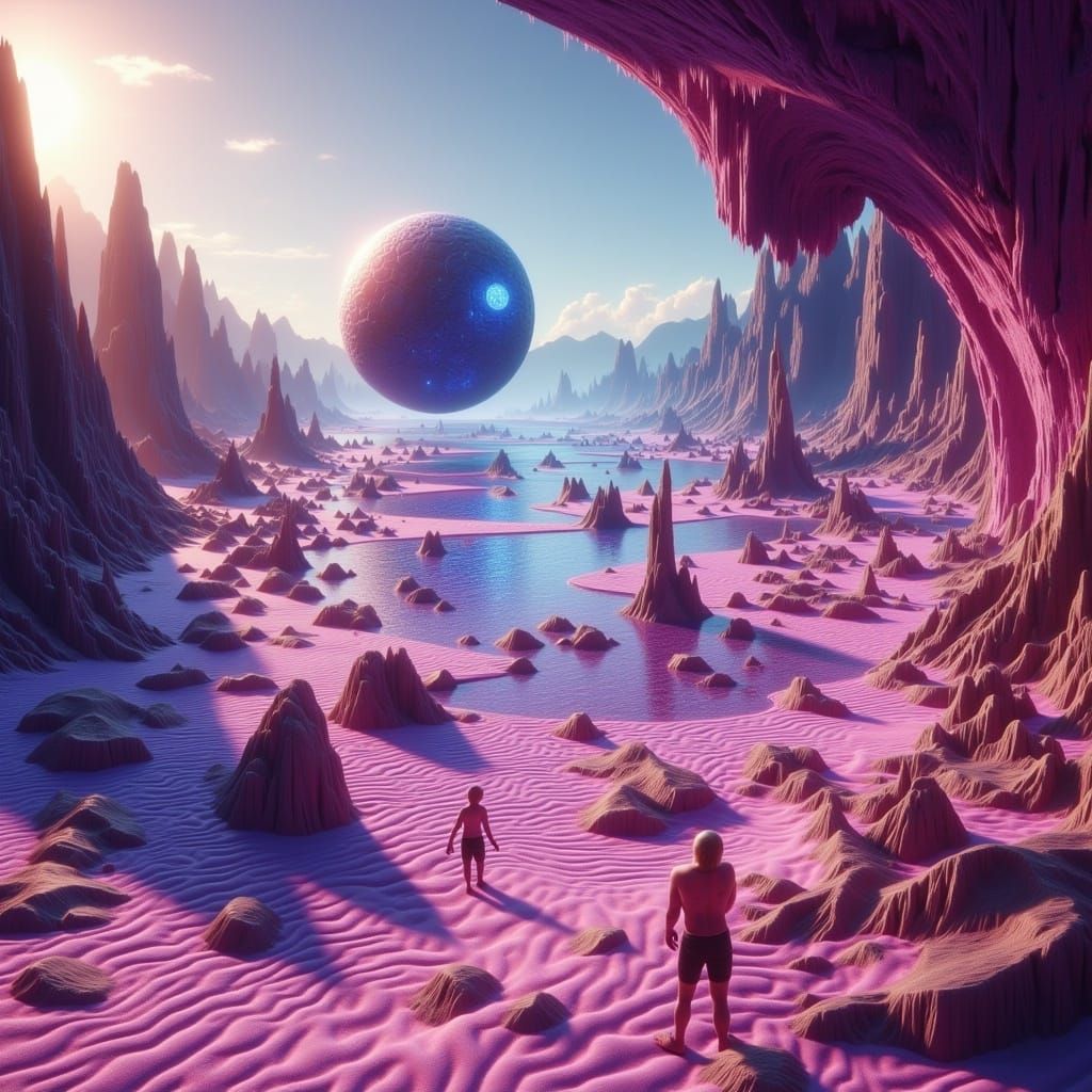 Surreal Alien Beach Scene with Hyperrealistic Portraits