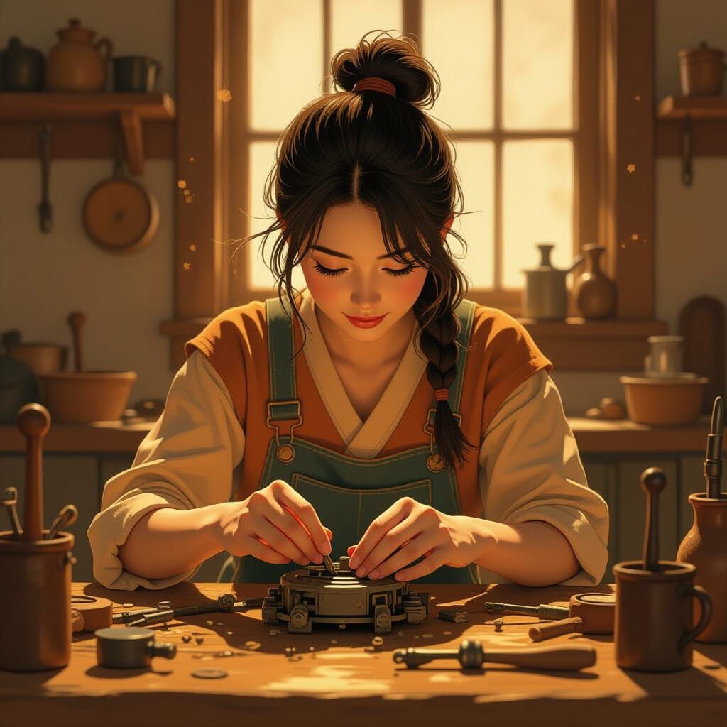 Hands Tinkering with Mechanical Parts in Anime Style